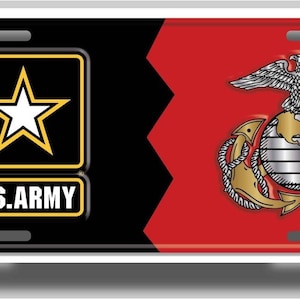 May include: A black and red license plate with the U.S. Army logo on the left side and the U.S. Marine Corps logo on the right side.