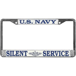 May include: A silver license plate frame with a white background and blue text. The top of the frame says "U.S. NAVY". The bottom of the frame says "SILENT SERVICE" with a submarine emblem in the middle.
