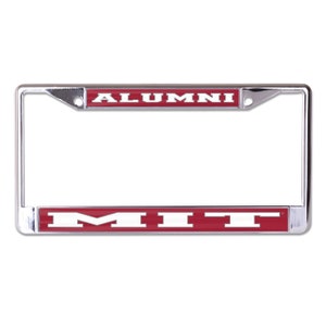 May include: A chrome license plate frame with a red background and white text that says "ALUMNI MIT".