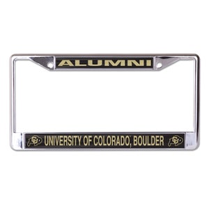 May include: A chrome license plate frame with a black background and gold lettering. The frame says "University of Colorado, Boulder" and "Alumni".