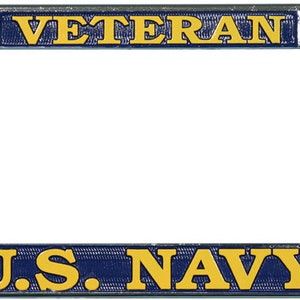 May include: A silver metal license plate frame with a blue and gold design. The top of the frame says "Veteran" and the bottom says "U.S. Navy".