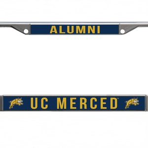 May include: A silver metal license plate frame with a blue and gold design. The frame says "Alumni" and "UC Merced" with a mascot graphic.