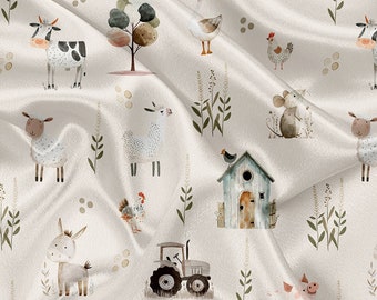 Printed Minky farm cream background Print - tractor, donkey, sheep, pig, cow, chicken, mouse, llama, goose