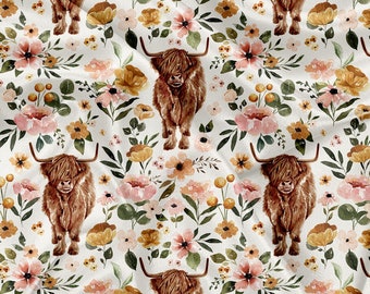 Printed Minky Highland Cow Floral Vintage Print - minky fabrics farm animals - CateandRainn