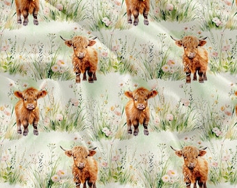 May include: A seamless pattern featuring watercolor illustrations of brown Highland cattle standing in a field of green grass and white flowers.