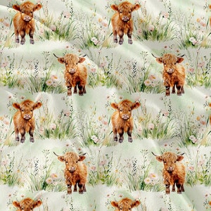 May include: A seamless pattern featuring watercolour illustrations of brown Highland cattle standing in a field of green grass and white flowers.