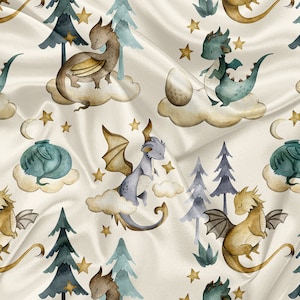 May include: A seamless pattern featuring watercolour illustrations of cute dragons on clouds with stars and trees. The dragons are in various colours, including blue, green, brown, and purple.