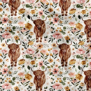 May include: A seamless pattern featuring brown Highland cows with white faces and horns, surrounded by watercolour flowers in shades of pink, yellow, and green on a white background.