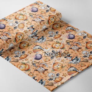 May include: A roll of orange fabric with a Halloween-themed pattern. The design features smiling pumpkins, bats, witch hats, stars, and cauldrons. The fabric is suitable for crafting seasonal decorations and apparel.
