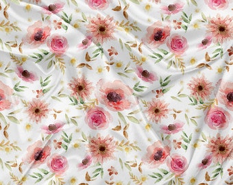 Printed Minky floral boho pink watercolor Print - minky fabrics by the yard