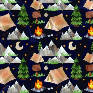 Printed Minky watercolor camping Print - camping minky fabric by the yard