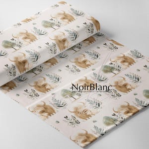 May include: A roll of fabric featuring a repeating pattern of watercolor-style Highland cows, trees, and foliage in shades of brown, green, and beige. The fabric has a soft, muted color palette and a rustic aesthetic.