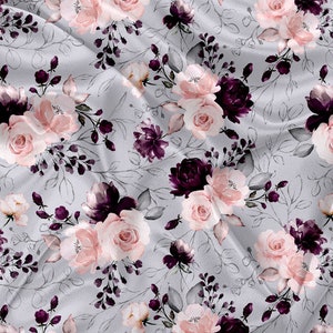 Tissus minky floral gris et rose - tissu au mètre - aquarelle