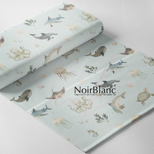 Fabrics - 18 differents type of fabric - Print dive in the ocean blue background - whale, fish, turtle, octopus, shark watercolor