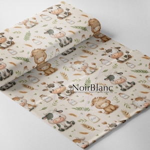 May include: Cream-colored fabric with a repeating pattern of cartoon cows, milk bottles, and wheat stalks. The cows are in various poses, with black and white or brown and white markings. The fabric has a soft, inviting aesthetic.