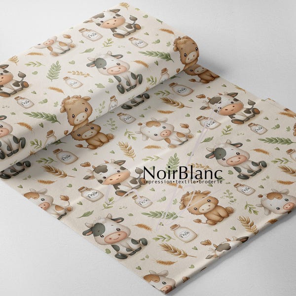 Fabrics - 25 differents type of fabric cotton bamboo polyester - Print cute baby cow and milk (English)