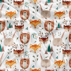 Minky Woodland Friends Stoffe weißer Hintergrund – Fuchs, Bär, Hirsch, Wolf, Kaninchen, Wald