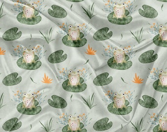 Printed Minky fabrics frog and water lily watercolor Print