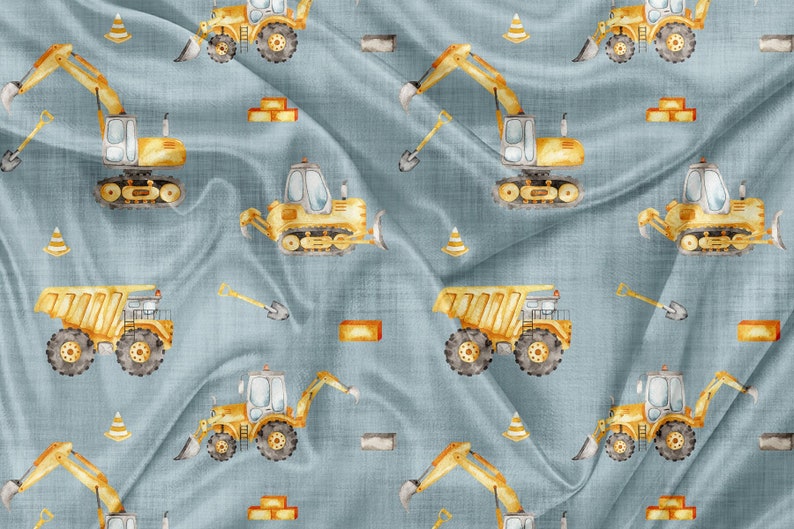May include: A seamless pattern featuring yellow construction vehicles on a blue background. The pattern includes dump trucks, excavators, and bulldozers. There are also small orange traffic cones and yellow bricks scattered throughout the design.