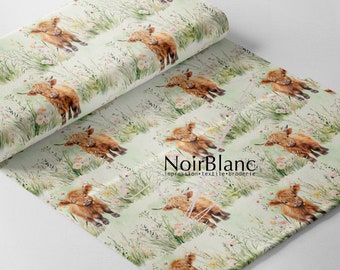 Fabrics - 18 differents type of fabric - Print Highland cow in the field