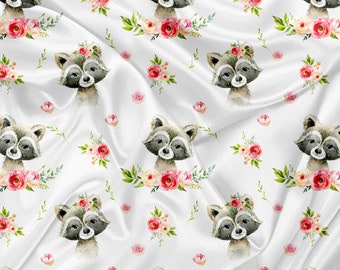 Printed Minky Cuddle Fabric flower Raccoon Print - minky fabric by the yard