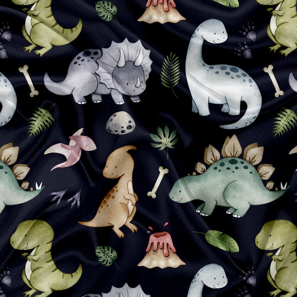 SQUISH - rekbare dubbelzijdige minky - stoffen - dinosaurus multi marineblauwe achtergrond