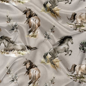 May include: A seamless pattern featuring watercolor illustrations of horses running through a field of wildflowers. The horses are depicted in shades of brown and gray, with flowing manes and tails. The background is a soft gray color, creating a calming and elegant design.