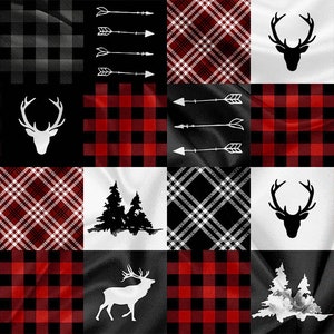 Peut inclure: Un tissu à carreaux noir et blanc avec un tissu à carreaux rouge et blanc, et un tissu à carreaux noir et blanc. Le tissu présente un motif répétitif de silhouettes de cerfs, d'arbres et de flèches.