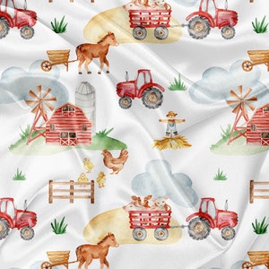 Printed Minky Cuddle Fabric White Farm Print - minky fabric by the yard - tractor cow horse chick pig