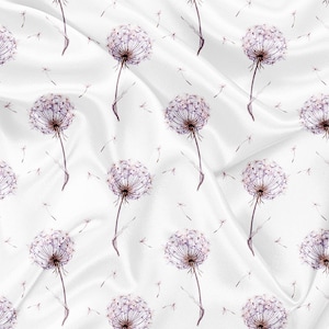 May include: White fabric with a repeating pattern of watercolor dandelions. Each dandelion has a fluffy, spherical seed head and a slender stem. Some seeds are scattered around the flowers, creating a delicate, airy design.