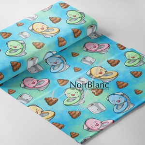 May include: A blue and green fabric with a repeating pattern of cartoon toilets, toilet paper rolls, and poop. The toilets are in various colors, including pink, yellow, green, and blue. The toilet paper rolls are white with a cartoon face. The poop is brown with a cartoon face.