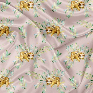 May include: A seamless pattern featuring watercolor illustrations of sloths cuddling on leafy branches against a soft pink background.