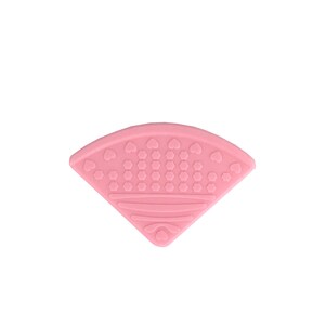 May include: Pink silicone teether shaped like a fan with a textured surface of small circles and hearts.