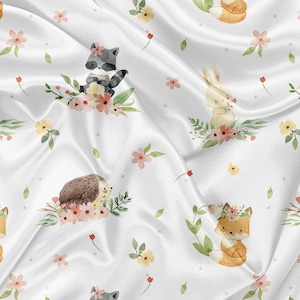 Printed minky fabrics floral woodland deer fox raccoon rabbit print