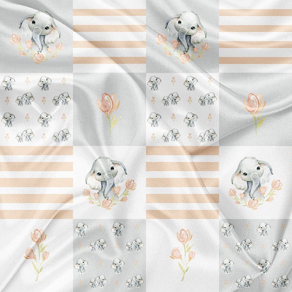 Tissus minky éléphant floral gris patchwork - tissu minky au mètre - tissu patchwork