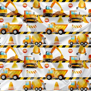 May include: A seamless pattern featuring yellow construction vehicles, including a bulldozer, an excavator, a dump truck, and a cement mixer. The pattern also includes yellow and black striped caution tape, orange traffic cones, and red stop signs.