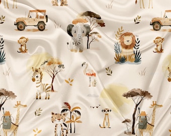 May include: A seamless pattern featuring a variety of safari animals, including a zebra, giraffe, lion, elephant, monkey, and meerkat. The animals are depicted in a watercolour style with a light brown background.