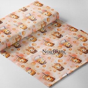 May include: A seamless fabric pattern featuring a repeating design of cartoon bubble tea cups with smiling faces, surrounded by orange and white bubbles on a light orange background.