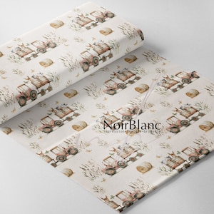 May include: A roll of fabric with a repeating pattern of vintage tractors, hay bales, and wheat stalks in muted tones of brown, beige, and green. The fabric has a watercolor effect and a soft, rustic aesthetic.