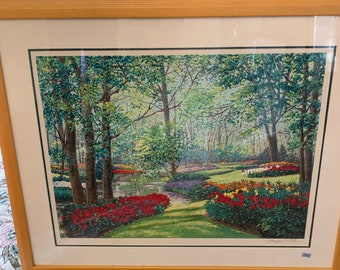 Vintage hand painted Miles Schaefer Serigraph 1999 Kuekenhoff Stream Germany large signed and numbered under glass wood frame wall art 37/40