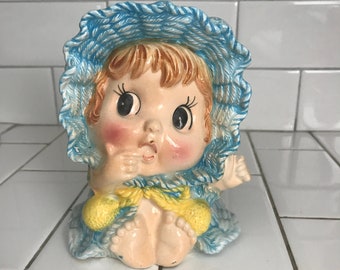 Vintage Headvase Head vase anthropomorphic baby with blue clothing and bonnet Japan Mid Century collectible display