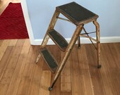 Antique Farmhouse step stool ladder metal legs wooden steps Unique design collectible display barn rustic primitive plants stand patio porch