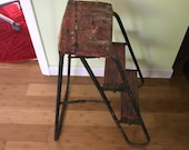 Antique Farmhouse step stool ladder metal legs wooden steps Unique design collectible display barn rustic primitive plants stand patio porch
