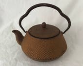 Kotobuki Japanese Ceremonial Teapot Enameled interior with screen collectible kitchen display Asian Cast Iron Brown dot pattern