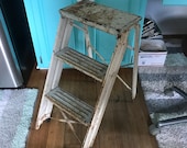 Antique Farmhouse step stool ladder metal legs and steps Unique design collectible display barn rustic primitive plants stand patio porch