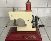 Child size Straco Sew-O-Matic Junior Red and Ivory sewing machine hand crank England Metal 1940 39 s collectible display