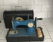 Child size USSR sewing machine Blue black hand crank All metal original 1930 39 s with case