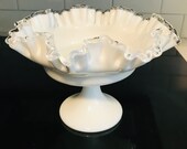 Beautiful Fenton Silvercrest compote white with clear rim large size 8 1 2 quot across 5 quot tall collectible display glass