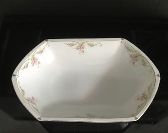 Antique 1800's MZ Austria Bowl Pink Roses with green and gold trim unique shape Vegetable potatoe bowl fine bone china