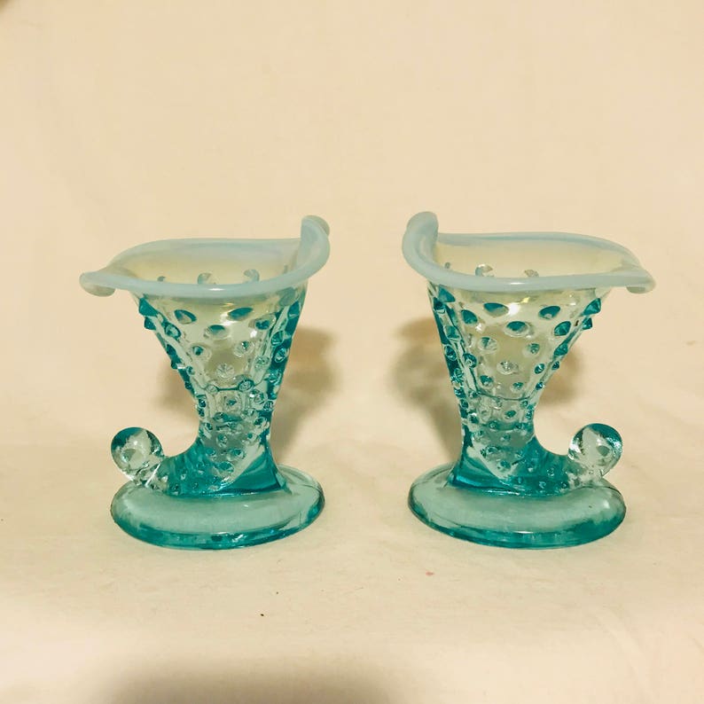 Fenton Hobnail 1950/'s Aqua Blue glass miniature vase PAIR 3 34 tall Opalescent rim collectible display vintage home decor bud vase